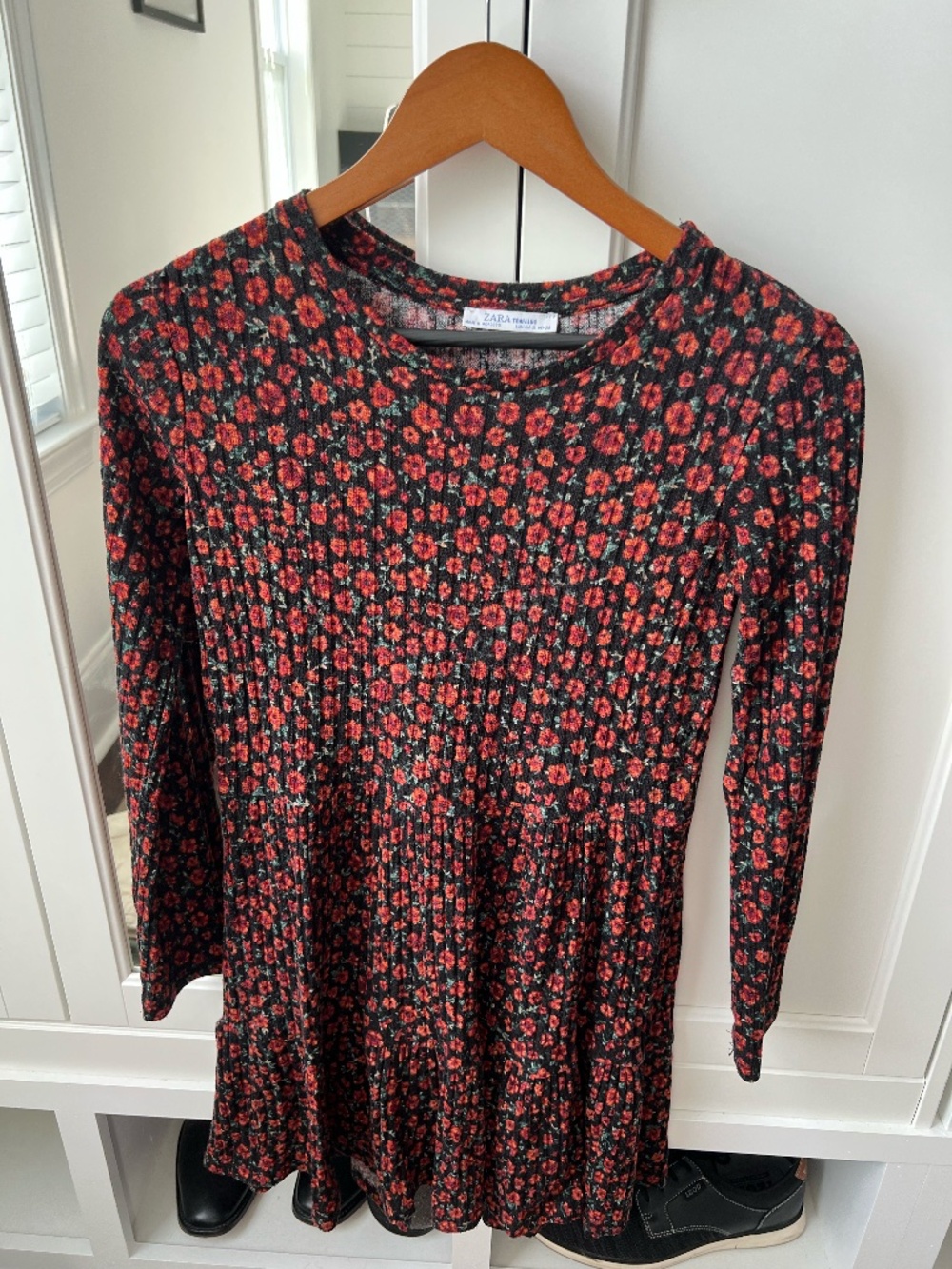 ZARA Black Red Floral Long Sleeve Ribbed Tiered Babydoll Mini Dress S